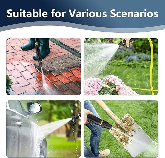 2PCS Heavy Duty Adjustable Hose Nozzle, High Pressure Jet Sweeper Spray Nozzle with Leak-Proof Design, Metal Garden Hose Sprayer for Car Wash, Lawn, Patio Cleaning