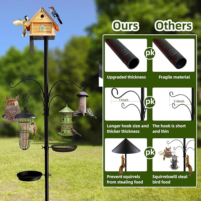 Bird Feeder Pole - 92 Inch Heavy Duty Birdhouse Stand with Squirrel Proof Baffle for Outdoor, Adjustable Bird Feeding Station with Multi Shepherds Hooks Mental Trays for Garden Attracting Wild Birds