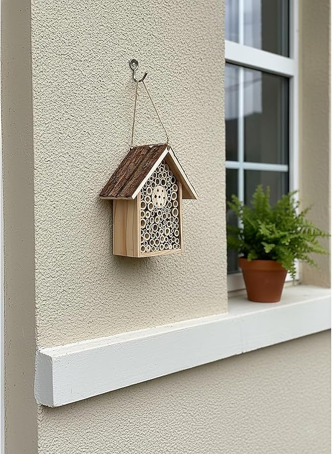 Redwood Mason Bee House - Solitary Bee Hotel & Wooden Pollinator House | Leafcutter Bee Hive with Easy-Hang Jute Rope | Weatherproof Insect Hotel & Outdoor Garden Decor for Pollinators