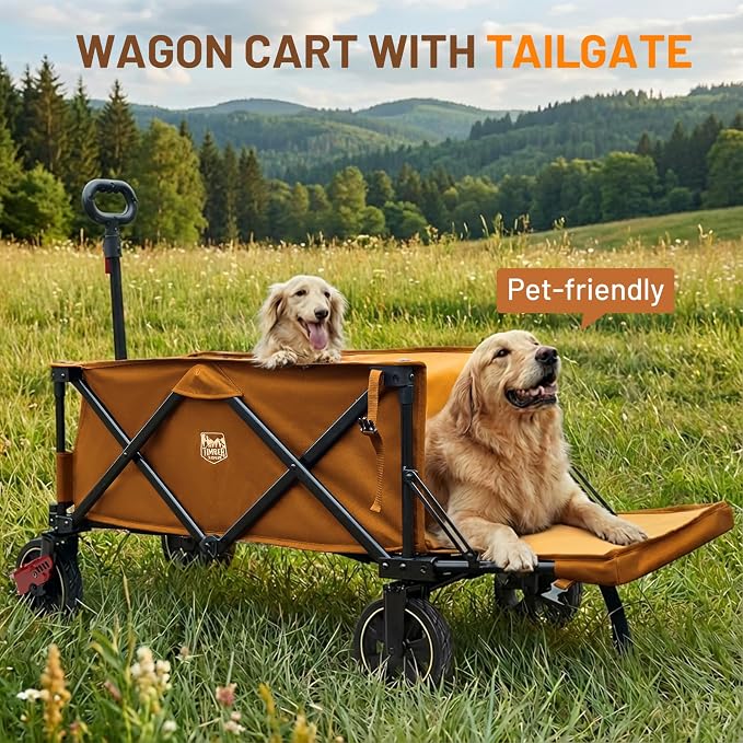 Timber Ridge 49" Extra Long Collapsible Folding Wagon with Tailgate and Brakes, 250L Capacity All-Terrain Wagon Carts Foldable, 300lbs Portable Cart for Dog, Garden, Outdoor Camping Sports, Orange
