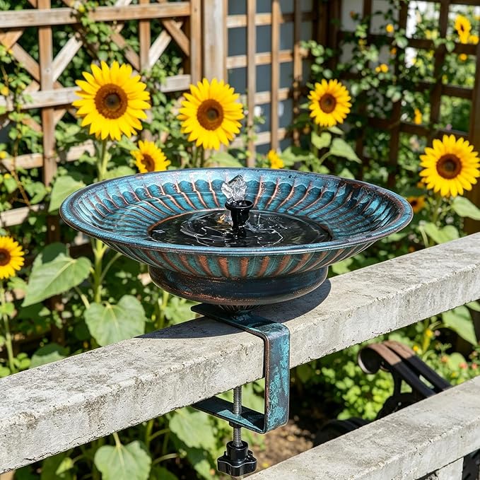 Solar Bird Bath,Deck Bird Bath with Solar Fountain,Metal Bird Bath Bubbler,Adjustable Sturdy Balcony Bird Bath,Patio Garden Decor