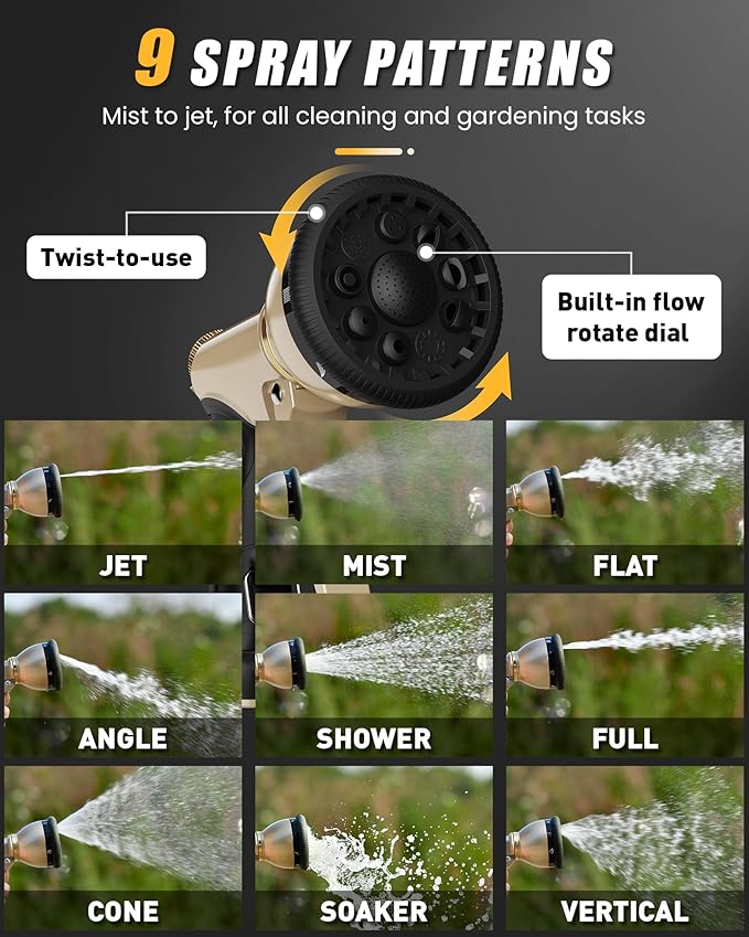 RAINPOINT Garden Hose Nozzle with Quick Connect, Heavy Duty Water Hose Sprayer Nozzle with 9 Adjustable Spray Patterns, Hand Sprayer for Watering Plants, Lawns, Car and Pet Washing (Black)