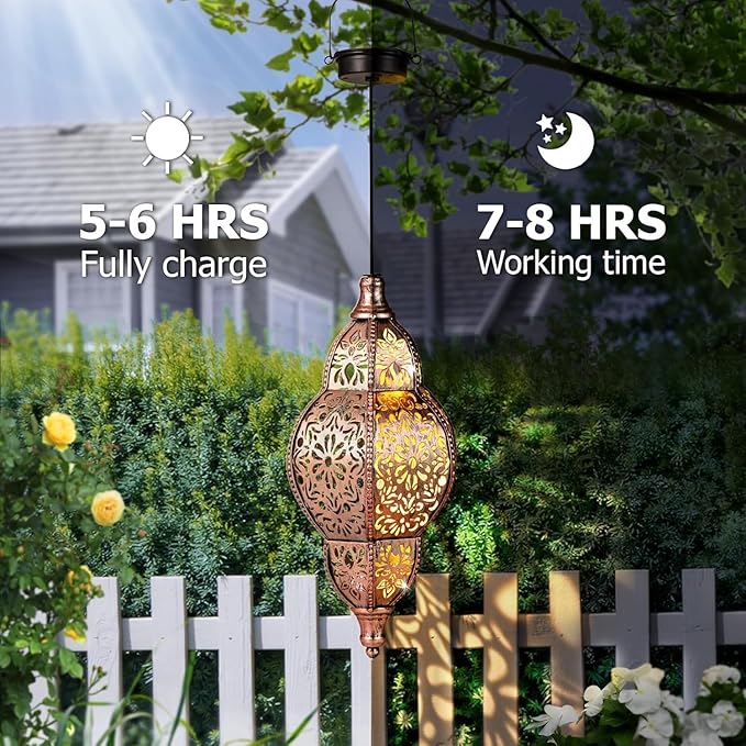 Hanging Solar Lantern Outdoor Decor 2Pack, 9.5In Moroccan LED Lights for Outside Garden Decorations, Waterproof Solar Lanterns Garden Gifts for Mom, Women, Patio, Yard (Copper)