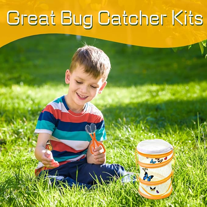 ZENFUN 8 Pieces Butterfly Kit, 4 Pcs Insect and Butterfly Habitat Cage with 4 Pcs Bug Catcher, Insect Mesh Cage, Caterpillar Enclosure, Butterflies Habitat, Terrarium Pop-up(Orange, Green)
