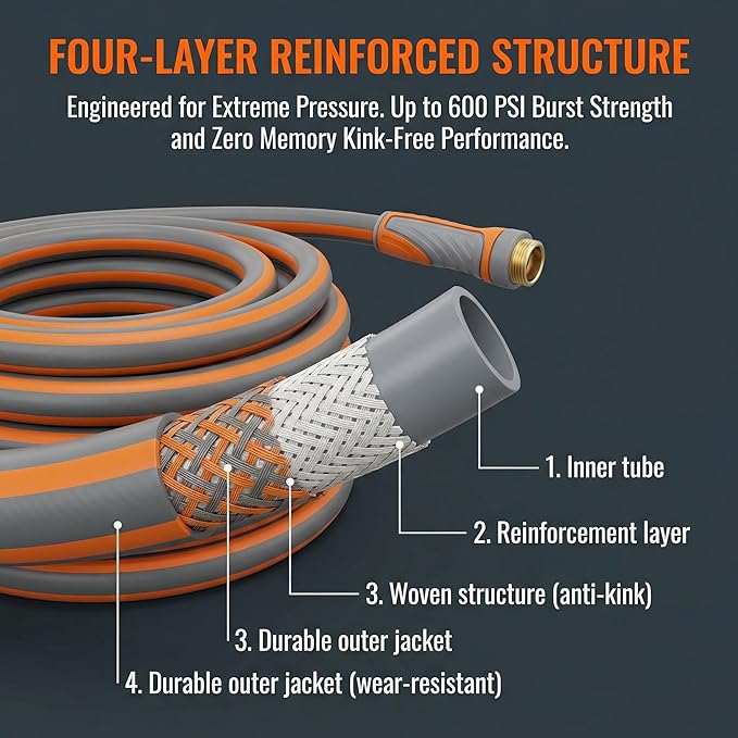PremiumPro 50FT 5/8" Heavy Duty Reinforced Garden Hose, Large Flow,600 PSI Burst Pressure, Four Layer Hybrid Polymer Anti Kink with 360 Swivel Brass Connectors and handle for yard,washing & irrigation