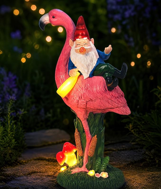 C&Y&G&X Middle Finger Gnome Riding Flamingo 13in, Funny Garden Statue Solar Powered Outdoor Yard Decor with LED Beer Bottle & Mushrooms, Waterproof Naughty Lawn Ornament Gag Gift for Patio, Porch