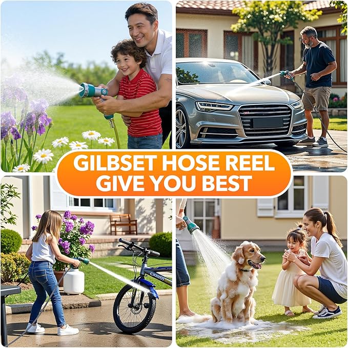 5/8" x 100 ft Retractable Garden Hose Reel, Heavy Duty Water Hose Reel Wall Mounted, Any Length Lock, 180°Swivel, Retractable Hose with 10-Function Nozzle for Cleaning, Watering (Green)