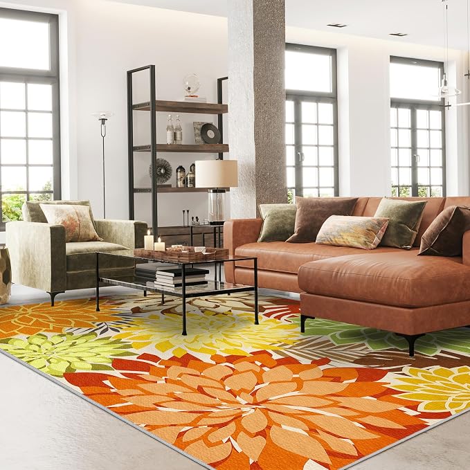 Colorful 5x8 Outdoor Area Rug Washable Multicolored Patio Rug Tropical Botanical Floral Chenille Waterproof Outdoor Carpet for Living Room, Deck, Backyard, Porch, Orange