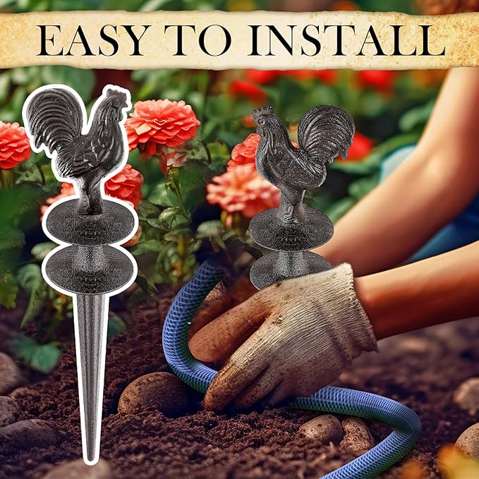 Briwooody 3 Pcs Garden Hose Guide Set Stakes Heavy Duty Cast Iron Water Hose Guide Spike Garden Stakes Decorative for Outside Flower Beds Plant(Rooster Iris Bird)