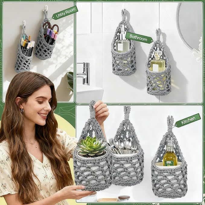 Macrame Wall Plant Hanger, Hanging Planter Basket Holder, Wall Planters for Indoor Plants, for Up to 4 Inch Pot (Grey, 4-Inch)