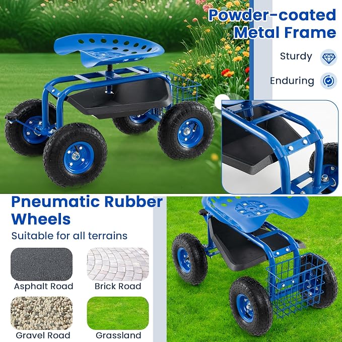 Giantex Garden Workseat, 360 Swivel Rolling Seat with Wheels, Tools Basket, Gardening Cart with Seat, Adjustable Height, Wagon Scooter for Patio Lawn Yard, Outdoor Steerable Stool (Blue)
