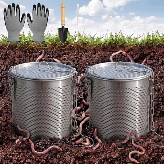 2 Set Inground Worm Farm 2.6 L Garden Mini Vermicomposting Bin Stainless Steel Outdoor Compost Bin with Handle for Garden Beds & Home Use Vermicomposting Box Kitchen Food Waste with Holes