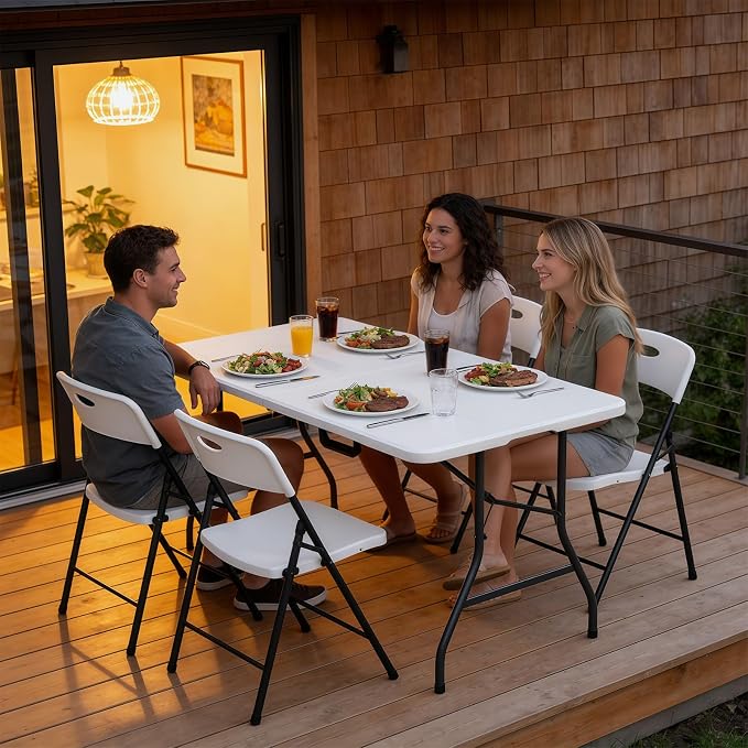Folding Table 5ft - Heavy Duty Fold-in-Half Plastic Table, Portable Utility Tables with Steel Legs for Indoor, Outdoor, Picnic, Camping, Dining, Party (White)