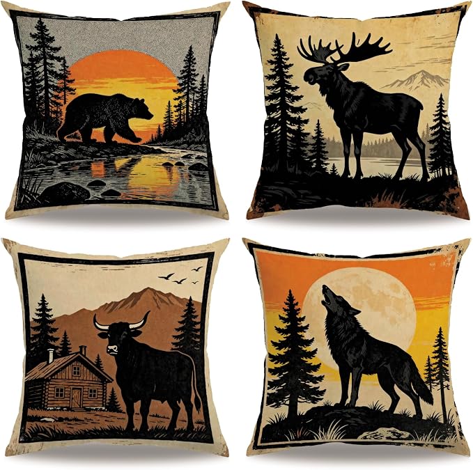 Vintage Wildlife Animal Pillow Covers 18x18 Inch Set of 4, Bear Moose Wolf Cabin Decor Throw Pillow Cases,Farmhouse Rustic Forest Sunset Cushion Covers for Living Room Sofa Lodge Home Decor(Brown)