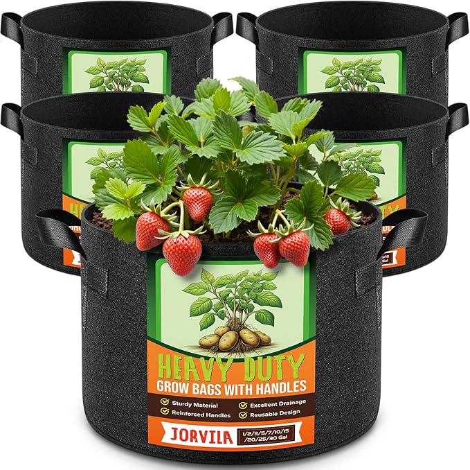 Jorvila 5 Pack 30 Gallon Grow Bags, Thickened Nonwoven Fabric Planter Pots with Handles, Heavy Duty 300G Garden Pots for Tomato, Potato and Vegetable