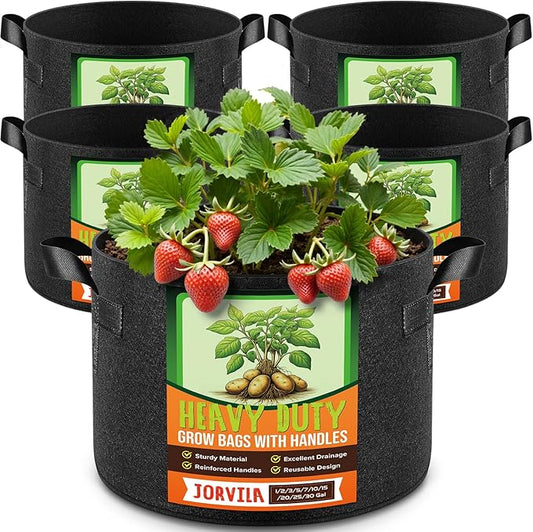 Jorvila 5 Pack 1 Gallon Grow Bags, Thickened Nonwoven Fabric Planter Pots with Handles, Heavy Duty 300G Garden Pots for Tomato, Potato and Vegetable