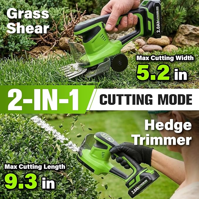 FULLYEA Cordless Hedge Trimmer, 2-in-1 Electric Bush Trimmer & Grass Shear, Lightweight Hedge Cutter with 2 * 2.0Ah Batteries & Charger, Battery Powered Grass Trimmer, Handheld Shrub Trimmer (Green)