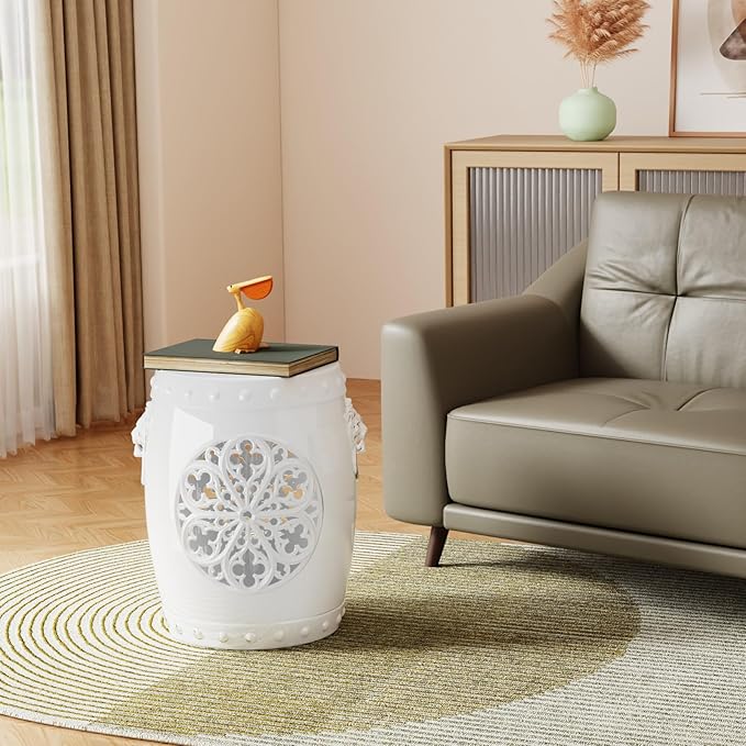 EasyUp Faux Ceramic Garden Stool, Decorative Drum Design, for Patio and Garden (White New)