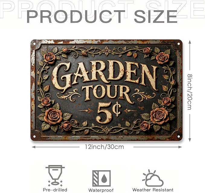 2D Flat Funny Garden Signs, Garden Tour 5¢ Vintage Outdoor Wall Decor for Patio Yard Greenhouse Home, Waterproof Garden Gifts 12x8 Inch