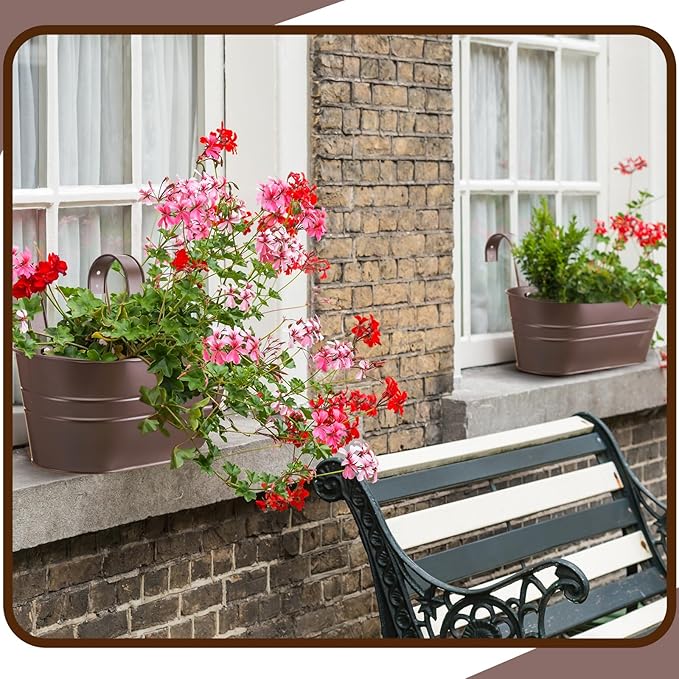 Hicarer Metal Hanging Flower Pots for Railing Fence, Large Hanging Rail Planters for Outdoor Window Balcony Plants Holder with Hooks for Garden Yard Home Decor(Chocolate,4 Pcs)