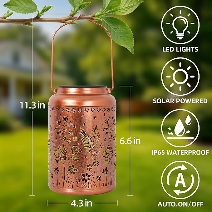Solar Lanterns Outdoor Waterproof, Birthday Gifts for Women Mom Grandma, Garden Hanging Solar Lantern Lights for Patio, Hummingbird &Rose