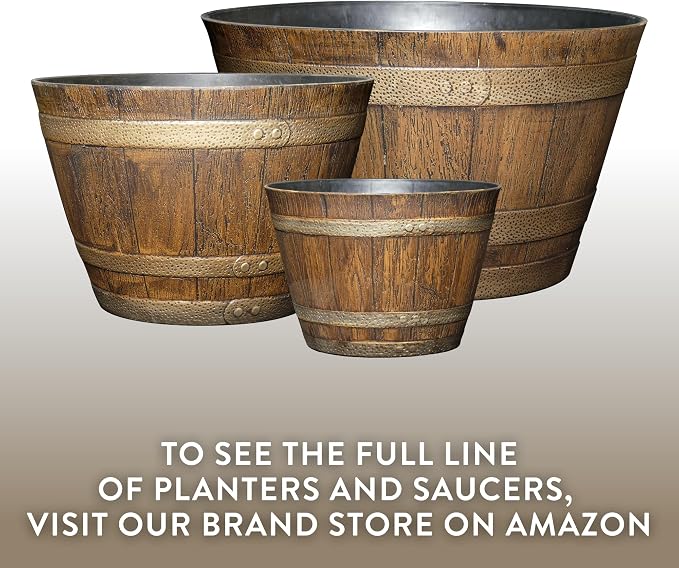 Classic Home & Garden by Growscape Whiskey Barrel Planters, Wooden Finish Flower Planter Pot, Stylish Garden Pots, Indoor Outdoor Resin Planters, Weather-Resistant Plant Pot (20.5" Oak Brown, 1-Pack)