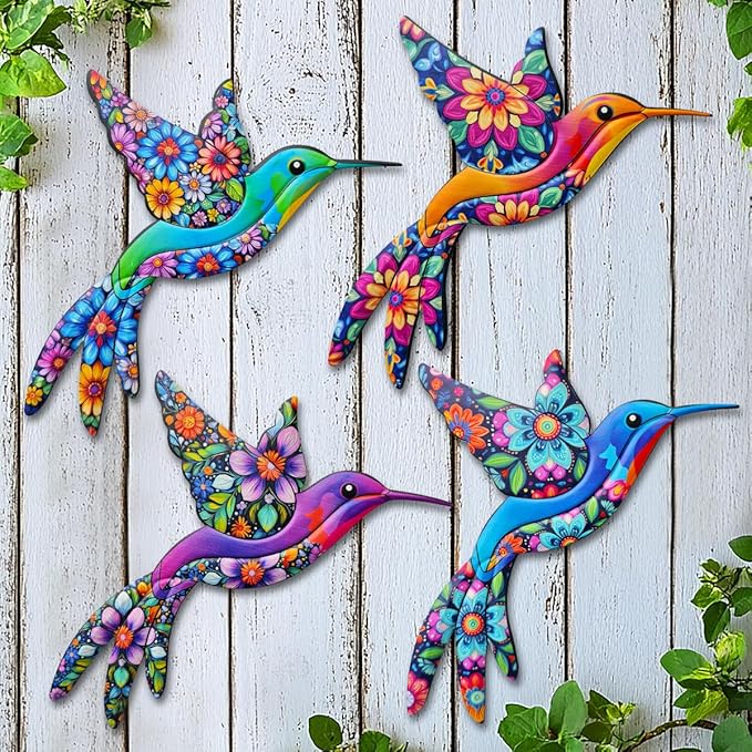Metal Hummingbird Wall Art, 4 PCS Metal Bird Wall Hanging Decorations for Outdoor Fence Garden Yard Patio Balcony, Garden Gifts for Friends