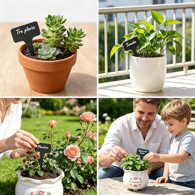 Whaline 100 Pcs Plastic Plant Labels Black T-Type Garden Stake Tags Waterproof Plant Markers Reusable Plants Signs for Outdoor Indoor Nursery Potted Plants Seed with A White Marker Pen (6 x 10 cm)