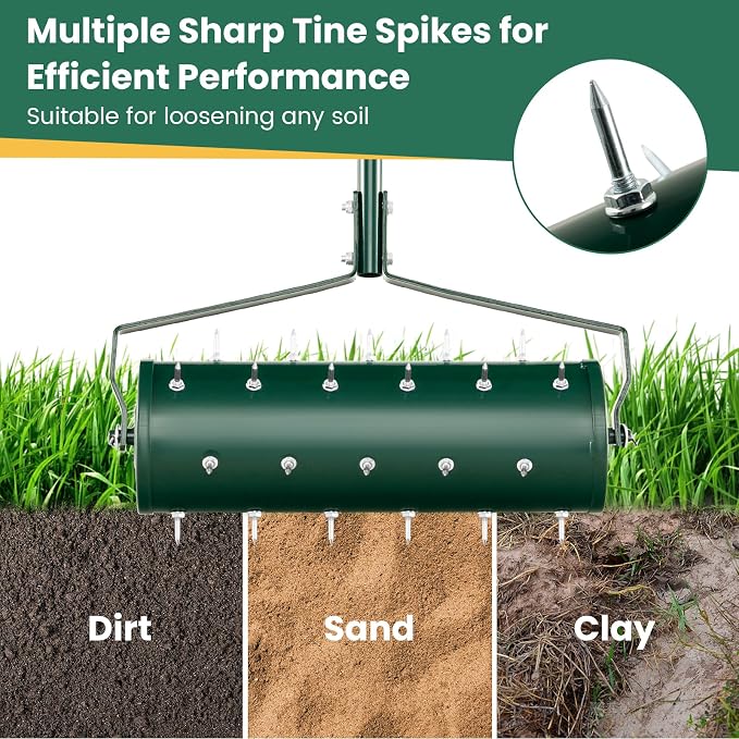 Goplus Rolling Lawn Aerator, 21-Inch Garden Yard Rotary Push Tine Filled Sand Stone, Heavy Duty Spike Soil Aeration w/Metal Handle, Fillable Drum 51" Manual Lawn Aeration Tool Garden Grass Patio Yard