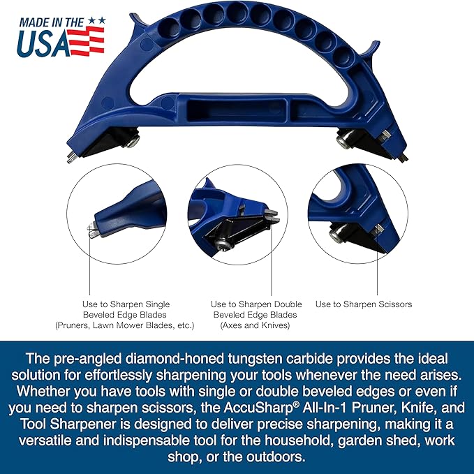 AccuSharp All-in-One Sharpener, All Purpose Sharpener for Knives, Scissors, Garden Tools, Sharpens & Restores Serrated Knives, Cleavers, Axes, Machete, Blue