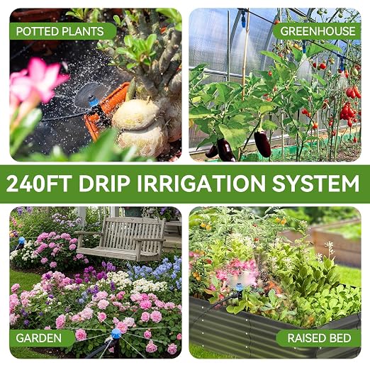 Inntop 240FT Drip Irrigation System Kits, Quick Connect Automatic Garden Watering System for Raised Bed, Potted Plants, Lawn, Greenhouse with 1/2 inch Hose 1/4 inch Tubing and Accessories