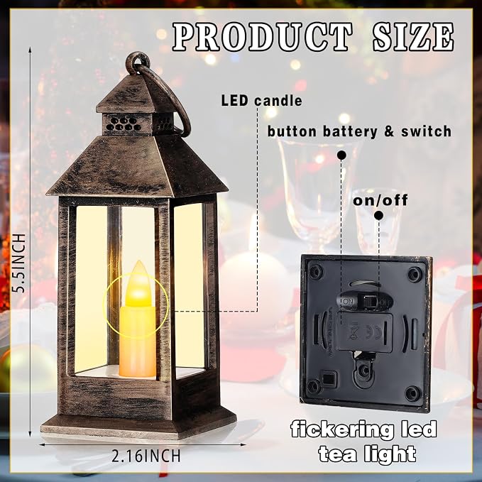Hoolerry 24 Set 5.5'' Mini Lanterns with LED Candle for Wedding Centerpiece Vintage Decorative Hanging Small Lantern Battery Powered for Halloween Wedding Table Centerpiece(Rustic)
