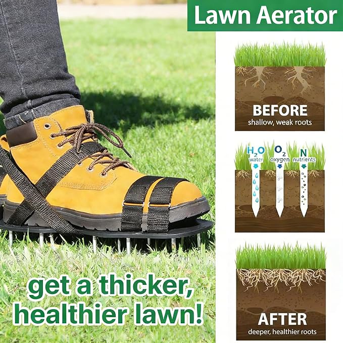 Lawn Aerator Shoes with 2.2'' Heavy Duty Spikes & Metal Shovel & Garden Gloves, Adjustable Hook & Loop Straps, One Size Fits All, Epoxy Shoes for Yard Garden Soil Aeration Tool