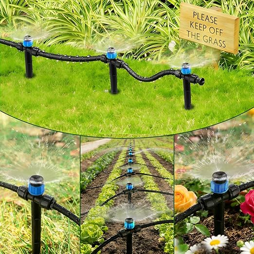 Kalolary Drip Irrigation Emitters, 30pcs Adjustable 360 Degree Water Flow Emitters for 1/4" Tubing, Two-Way Connection Irrigation Drippers for Garden, Lawn, and Greenhouse Watering Systems(Blue)