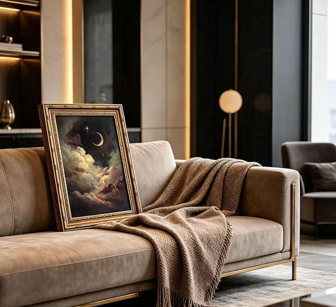 Vintage Gold Framed Celestial Wall Art, Moody Moon and Stars Gothic Painting Canvas Print, Dark Academia Wall Decor,Mystical Celestial Poster Artwork, for Living Room Bedroom Bathroom