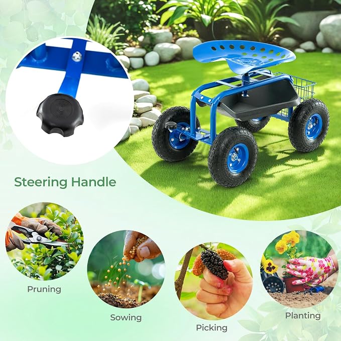 IRONMAX Garden Cart with Seat, Gardening Rolling Stool Scooter with 10’’ All-Terrain Wheels, Convenient Pull Handle & Tool Tray and Basket for Outdoor Planting (Blue)