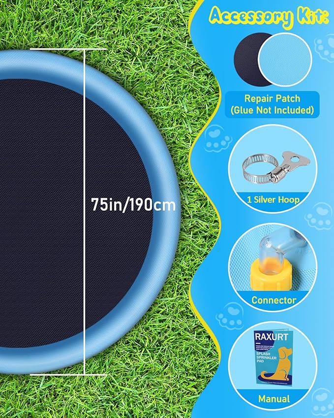 Raxurt Splash Pad, 75in Anti-Slip Splash Pad for Kids Dogs Thickened Durable Bath Pool Pet Summer Outdoor WaterToys Backyard Fountain Play Mat, Blue