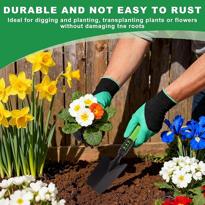 Garden Shovel, 3 Pack Lightweight Heavy Duty Spade Shovel, Garden Tools and Hand Rake with Soft Rubber Non-Slip Handle, for Gardenging Planting Weeding Digging, Green ﻿