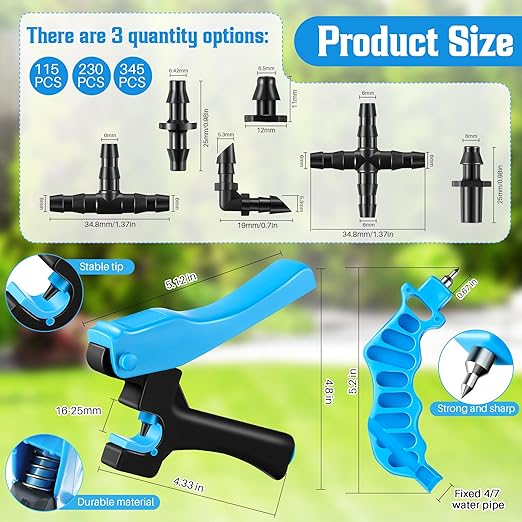 Feekoon Irrigation Drip Tools with Barbed Connectors, 2-in-1 Drip System Punch Tool for 1/4" Fitting, 16 20 25mm PE Pipe & Emitter; Ideal for Garden & DIY Watering System(Blue,345 Irrigation Plugs)