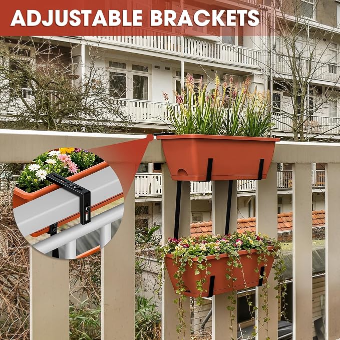 Railing Planter Box, 2 Pack Deck Hanging Planters for Railings, 16.9 Inch Balcony Planters Railing Hanging with Metal Brackets, Black & Red