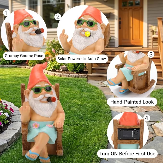 Funny Garden Gnome Statue 7.1", Solar Gnome in Rocking Chair, Outdoor Garden Decor Lawn Ornament for Yard Patio Porch, Fathers Day Birthday Gifts for Men Dad Grandpa