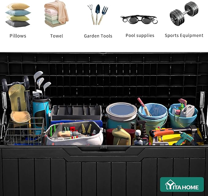 YITAHOME 80 Gallon Outdoor Storage Box, Large Water Resistant Resin Deck Box, Indoor Outdoor Lockable Storage Container for Patio, Garden, Cushions, Tools, Equipment (Black)
