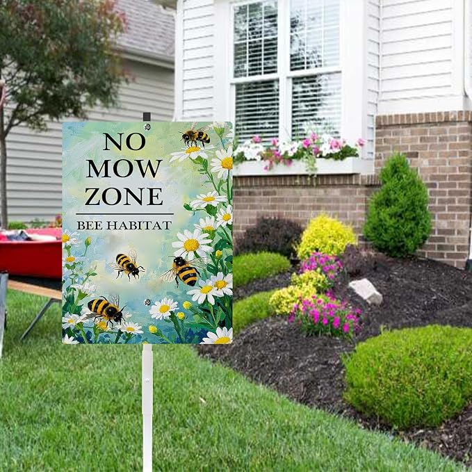 Pollinator Garden No Mow Zone Bee Habitat Yard Sign With Stakes Do Not Mow Save Bees Garden Stake Reflective Rustproof Aluminium No Mow May Signs Outdoor 8X12 IN