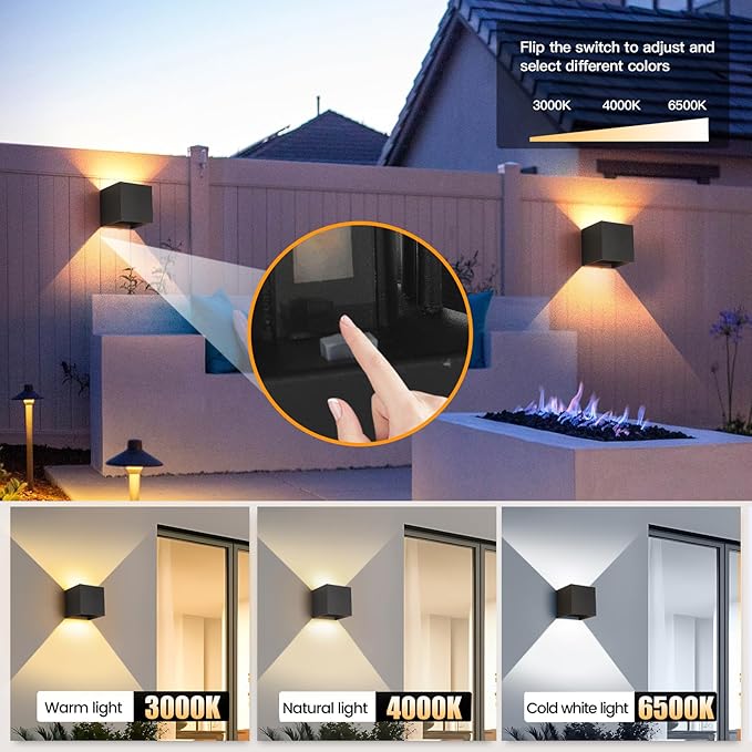 4 Pack LED 20W Outdoor Wall Lights Exterior/Interior 3 Colors Adjustable Wall Sconce Up and Down Light Porch Lights IP65 Waterproof Exterior Wall Sconce Modern Outdoor Lighting Square Aluminum Black