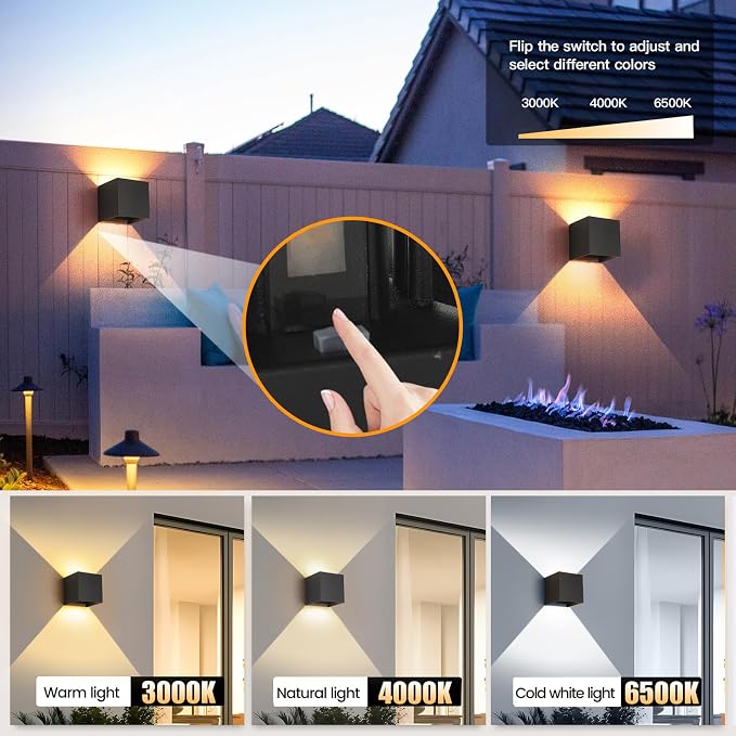 2 Pack LED Outdoor Wall Lights Exterior/Interior 3 Colors Adjustable 15W Wall Light Fixture IP65 Waterproof Porch Exterior Wall Sconce Modern Outdoor Lighting Square Aluminum Black Up and Down Lights