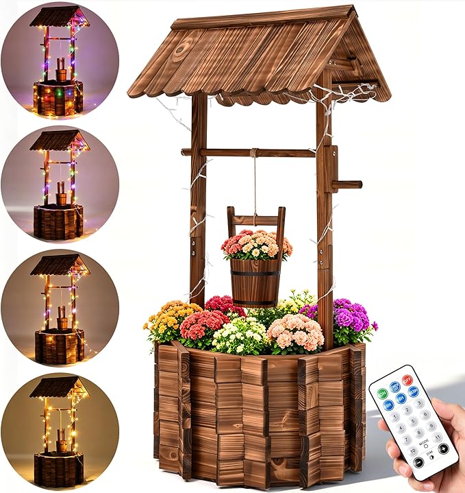 2026 Upgraded 54" H Wishing Well Planter with 11-Mode LED Lights and 3 Timer Settings, Outdoor Garden Decor with Adjustable Hanging Bucket and Drainage Base for Yard, Patio, Backyard