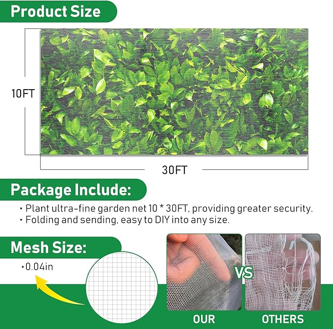 2Pack 10x30ft Garden Netting Mesh Barrier, Ultra Fine Mosquito Net for Patio,Garden Netting for Raised Beds,Fruit Tree Netting for Garden Protection Blueberry Bush Netting Cover