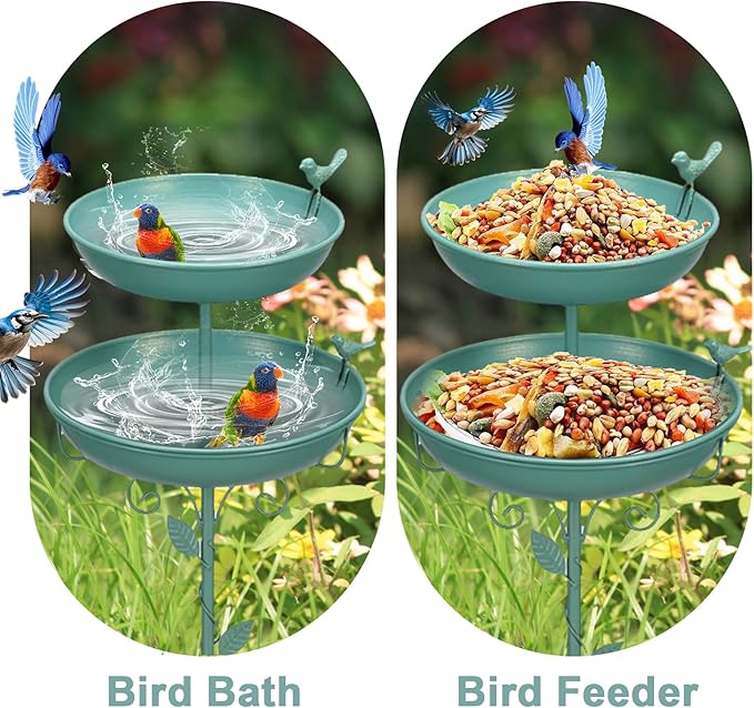 Bird Bath for Outside with 2 Bird Decor, Hummingbird on Pole & Sparrow on Bowl, 38.5 Inch Height Garden Birdbath, 12 Inch Antique Green Freestanding Birdfeeder Bath for Yard Patio