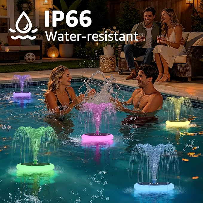 1-Pack Solar Fountain with RGB Lights 3.5W Solar Powered Bird Bath with 6 Nozzle and 4 Fixed Pipes for Pool Garden Pond and Fish Outdoor