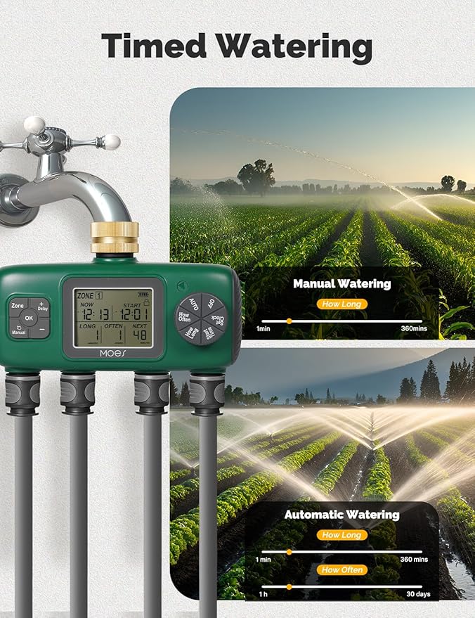 MOES 4 Outlet Sprinkler Timer, Brass Inlet, Programmable Automatic Irrigation Controller, Rain Delay, Manual Watering, 4 Zone Water Hose Timer for Gardens, Lawns, Hose Systems